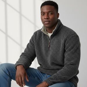 TRUE GRIT - SIZE SMALL - MEN’s QUARTER ZIP SWEATER - GRAY‎ WITH SHERPA TRIM B3